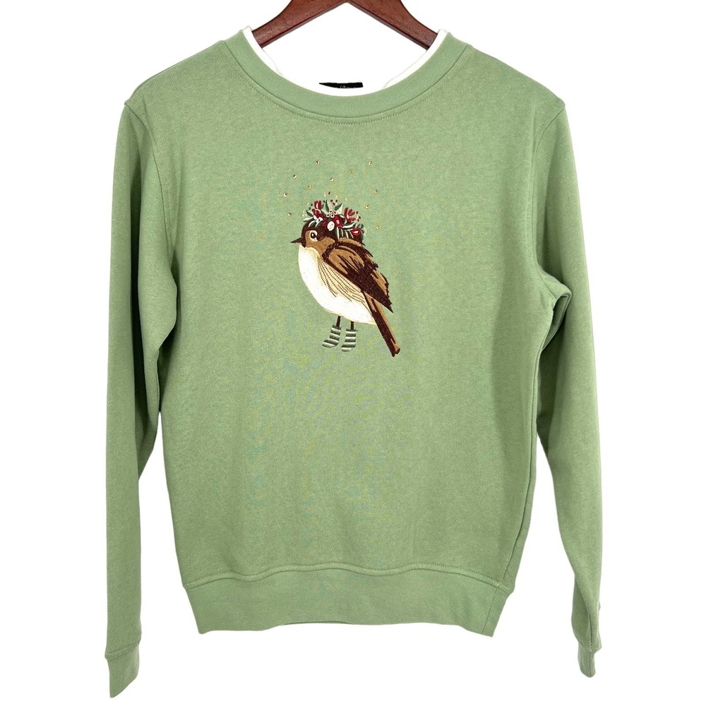 🆕 NWOT Womens Bua Bue Size Small Green Christmas Bird Sweatshirt Top Shirt Cozy